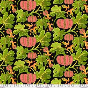 May include: A fabric pattern featuring repeating pink pumpkins with green textured stripes, surrounded by large green leaves, yellow curling vines, and small yellow dots on a solid black background. A white ruler is visible at the bottom edge.