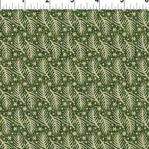 May include: Green fabric with a repeating pattern of off-white fern-like leaves and small star-shaped flowers. The design is evenly spaced across the fabric, creating a textured appearance. The fabric is measured in inches.