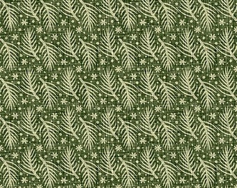 May include: Green fabric with a repeating pattern of off-white fern-like leaves and small star-shaped flowers. The design is evenly spaced across the fabric, creating a textured appearance. The fabric is measured in inches.