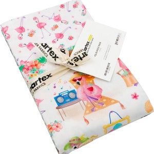 May include: A bundle of 19 fabric squares featuring a flamingo and tropical theme. The fabric squares are white with pink flamingos, tropical flowers, and musical notes. The fabric squares are tied together with a brown ribbon and a tag that reads "Artex Fabrics FQ Bundle Pack".