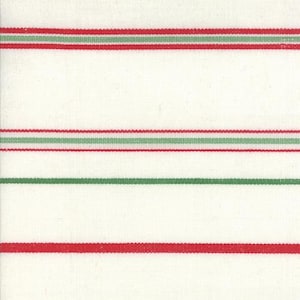 May include: White fabric with red and green stripes. The stripes are thin and evenly spaced.