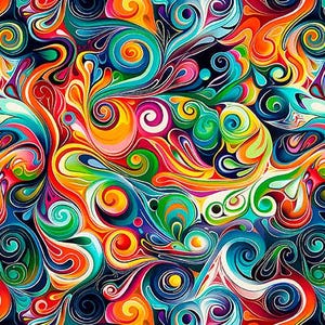 May include: A vibrant, abstract pattern featuring swirling, organic shapes in a kaleidoscope of colors. The design includes shades of red, orange, yellow, green, blue, and purple, creating a dynamic and eye-catching visual effect. The artwork has a psychedelic feel.
