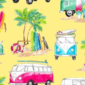 May include: A seamless pattern featuring colorful surfboards, palm trees, and vintage Volkswagen vans on a yellow background. The vans have surfboards on their roofs and are painted in various colors, including blue, pink, and green.