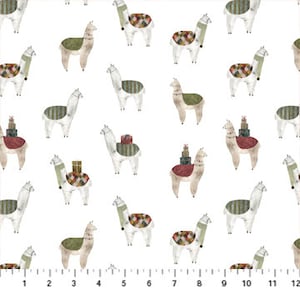 May include: A white background with a repeating pattern of brown and white llamas. Some llamas are wearing scarves and some are carrying stacks of presents.