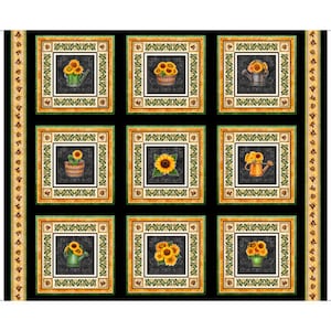 May include: A black fabric with a repeating pattern of nine squares. Each square contains a sunflower design with a green watering can or a pot. The squares are outlined in yellow and green.