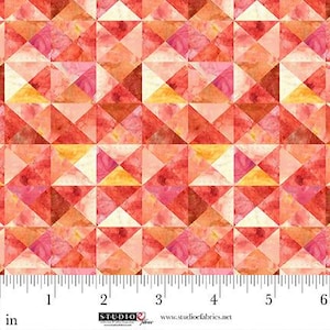 May include: Geometric fabric with a watercolor effect. The design features a repeating pattern of triangles in shades of red, pink, orange, and yellow. The fabric is measured in inches along the bottom edge.