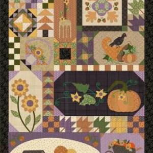 May include: A colorful patchwork quilt with a fall theme. The quilt features a variety of fabrics, including floral prints, plaid, and solid colors. The quilt is made up of many different squares and rectangles, and it is sewn together in a random pattern. The quilt is decorated with a variety of fall-themed motifs, including pumpkins, sunflowers, and leaves.
