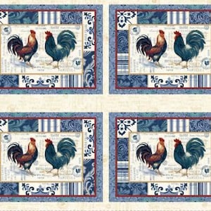 May include: Four blue and white patterned squares with a rooster design in each. The roosters are in different poses, with one rooster facing left and the other facing right. The roosters are in a vintage style with a blue and white color scheme.