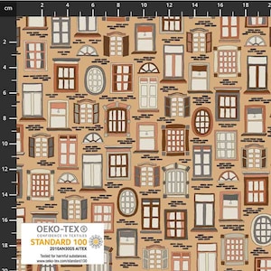 May include: A beige fabric with a repeating pattern of various windows in different styles and colors. The windows are outlined in black and filled with shades of brown, red, and gray. The fabric has a subtle texture and is printed with the Oeko-Tex Standard 100 logo and information.