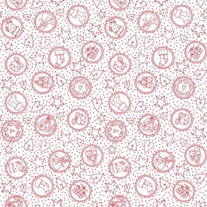 May include: A seamless pattern featuring red Christmas-themed illustrations on a white background. The pattern includes stars, hearts, wreaths, stockings, gingerbread houses, and presents.