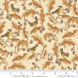 May include: A beige fabric with a repeating pattern of brown oak leaves and small birds. The birds are brown with yellow accents and are perched on the branches of the oak leaves.