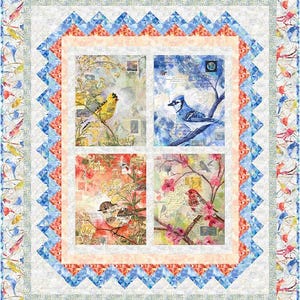 May include: A colorful quilt featuring four panels with bird illustrations. The quilt has a white background with a border of various birds and a geometric pattern in blue and orange. The panels depict a yellow bird, a blue jay, and two other birds.