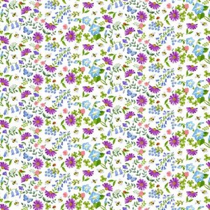 May include: A seamless pattern featuring a white background with a variety of colorful flowers, including purple, blue, and pink.  The flowers are surrounded by green leaves and small bees.