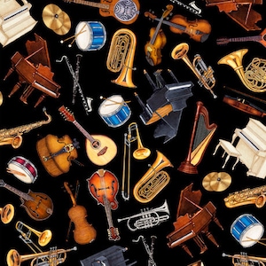 May include: A black background with a variety of musical instruments, including a piano, a trumpet, a trombone, a tuba, a violin, a cello, a guitar, a drum, a harp, and a saxophone.
