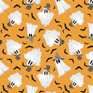 May include: A seamless pattern featuring white ghosts wearing black and white striped hats on a bright orange background with black bats.
