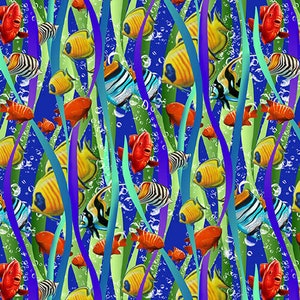 May include: A colorful and vibrant pattern featuring a variety of tropical fish swimming amongst green and purple seaweed on a blue background.