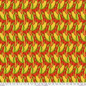 May include: A repeating pattern of yellow corn cobs with green husks arranged on a vibrant red background. The design features stylized ears of corn with visible kernels and leaves, creating a dense, uniform botanical print across the fabric.