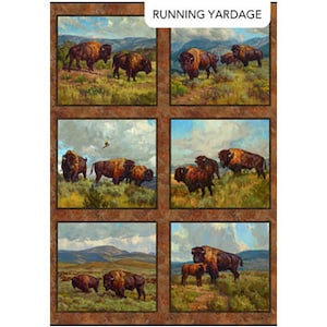 May include: A fabric panel with a repeating pattern of brown bison in a grassy field with a blue sky and white clouds. The fabric has a brown background with a subtle texture.