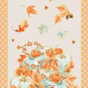 May include: A collection of white and orange pumpkins with fall leaves in shades of orange and brown on a beige background.