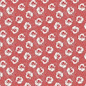 May include: A red background with a repeating pattern of white flowers. The flowers have a red outline and a white center.