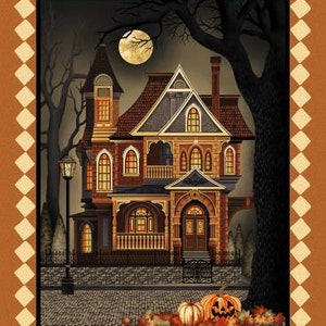 May include: A spooky, multi-story house with a large front porch and a jack-o-lantern on the front steps. The house is lit up with warm, yellow lights and is surrounded by trees and bushes. The moon is visible in the night sky.