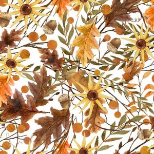 May include: Watercolor illustration featuring a seamless pattern of autumn leaves, acorns, and yellow flowers. The leaves are in shades of brown, orange, and yellow, and the flowers have a yellow center with white petals. The background is white.