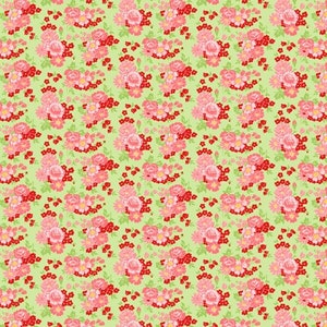 May include: A seamless pattern featuring pink and red flowers on a light green background. The flowers are arranged in a repeating pattern, creating a delicate and feminine design.