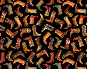 May include: A seamless pattern of colorful cowboy boots on a black background. The boots are in various styles and designs, with some featuring embroidery and others with simple leather.