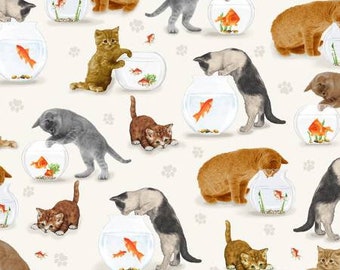 Cats CD2061 cream cats and fish bowl for Timeless Treasures