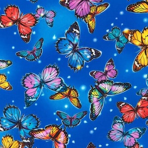 May include: A blue background with a repeating pattern of colorful butterflies. The butterflies are in various shades of pink, blue, yellow, and orange.