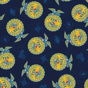 May include: A navy blue fabric with a repeating pattern of yellow and gold circles. Each circle features a stylized eagle with outstretched wings and the text "FFA" in the center. The text "Agricultural Education" is written around the outside of each circle.