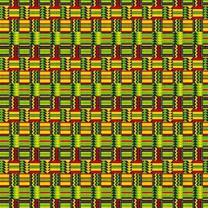 May include: A repeating pattern of geometric shapes in red, yellow, green, and black. The pattern is made up of squares, triangles, and zigzags.