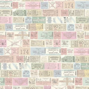 May include: A colorful pattern of vintage ticket stubs with numbers, text, and faded colors. The tickets are arranged in a random pattern and include text like "Port Fairy" and "Funders Street".
