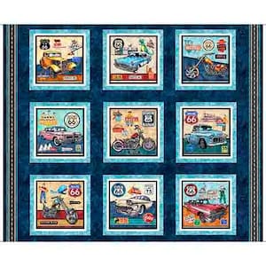 May include: A fabric panel featuring nine square images with Route 66 themes. Each image showcases vintage cars, motorcycles, and motel signs, framed in white and set against a blue background. The panel includes a road design on the sides.