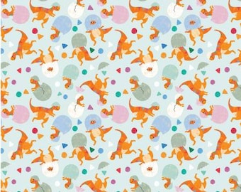 May include: A repeating pattern of orange dinosaurs on a light blue background. The dinosaurs are in various poses, including walking, running, and hatching from eggs. The background is decorated with small, colorful shapes.