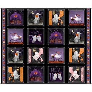 May include: A fabric panel featuring a grid of sixteen square illustrations with Halloween themes. The designs include ghosts reading books, riding bicycles, and peeking through curtains, alongside bats with the text FANG IN THERE and HEY BOO.