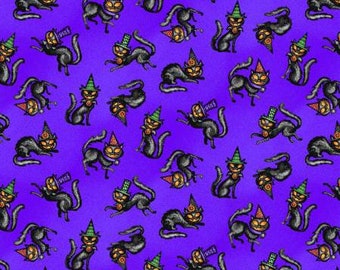 May include: A purple background with a repeating pattern of black cats wearing witch hats. The cats are holding wands and have a mischievous expression on their faces.