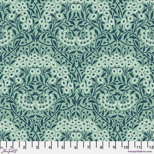 May include: A teal blue and white floral pattern fabric with a repeating design of stylized flowers and leaves.