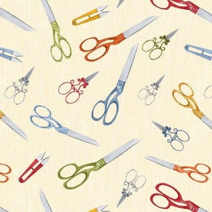 May include: A seamless pattern featuring various styles of scissors in a variety of colors, including red, blue, green, and gold, on a cream background.