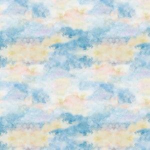 May include: Abstract watercolor background with a seamless pattern of blue, yellow, and pink clouds. The colors are soft and blended together, creating a dreamy and ethereal effect.