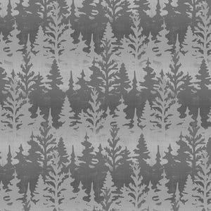 May include: A repeating pattern of stylized evergreen trees in shades of gray. The design features a textured, faded appearance, creating a subtle, monochromatic forest scene. The trees are densely packed, filling the frame.