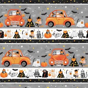 May include: Halloween-themed border stripe featuring orange cars, cats in costumes, pumpkins, bats, and the text "BOO!". The design includes stars and a repeating pattern, perfect for seasonal crafts and decorations.
