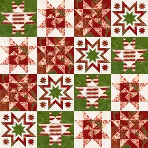 May include: A quilt block pattern with a repeating design of red, white, and green stars. The stars are set against a background of red, white, and green squares.