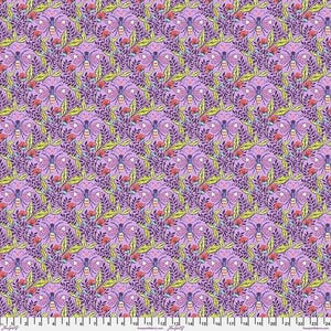 May include: A purple fabric with a repeating pattern of stylized butterflies and flowers in shades of purple, pink, yellow, and green.