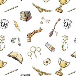 May include: A seamless pattern featuring various Harry Potter themed illustrations, including a golden snitch, a Hogwarts house scarf, a magic wand, a book stack, a platform 9 3/4 sign, a golden trophy, a broom, and a pair of glasses.