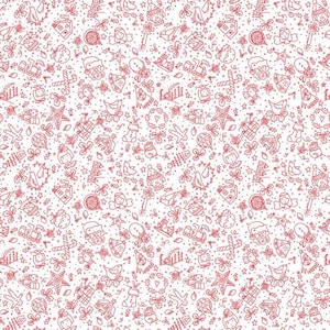 May include: A seamless pattern with a white background and red line drawings of various Christmas-themed objects, including stars, ornaments, presents, candy canes, and a snowman.