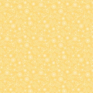 May include: A seamless pattern with a yellow background and white floral designs. The pattern features small flowers, leaves, and swirls.