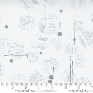 May include: White fabric with a newspaper print design in light blue and gray. The fabric features text, circles, and dashed lines. The text includes the words "Wait", "Story", and "Department Special".