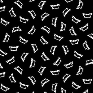 May include: A black and white seamless pattern featuring a repeating design of white vampire fangs on a black background.