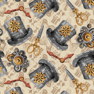 May include: A seamless pattern featuring a repeating design of silver top hats with gold gears, scissors, and clock hands on a beige background.
